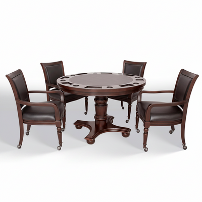 Bridgeport 2 in 1 round Poker Table and Chairs Set for Dining & Game Rooms – Furniture Grade Hardwood, Sturdy Pedestal Legs, Drink Holders, Chip Slots – Includes 4 Poker Table Chairs - Walnut
