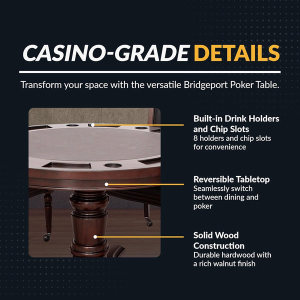 Bridgeport 2 in 1 round Poker Table and Chairs Set for Dining & Game Rooms – Furniture Grade Hardwood, Sturdy Pedestal Legs, Drink Holders, Chip Slots – Includes 4 Poker Table Chairs - Walnut