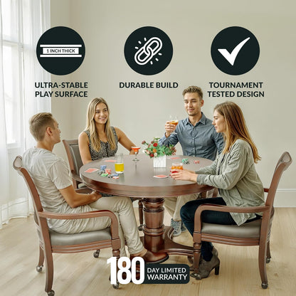 Bridgeport 2 in 1 round Poker Table and Chairs Set for Dining & Game Rooms – Furniture Grade Hardwood, Sturdy Pedestal Legs, Drink Holders, Chip Slots – Includes 4 Poker Table Chairs - Walnut