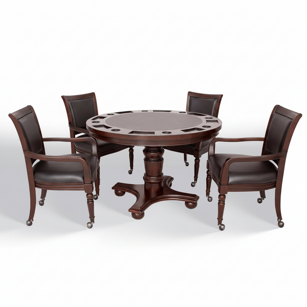 Bridgeport 2 in 1 round Poker Table and Chairs Set for Dining & Game Rooms – Furniture Grade Hardwood, Sturdy Pedestal Legs, Drink Holders, Chip Slots – Includes 4 Poker Table Chairs - Walnut